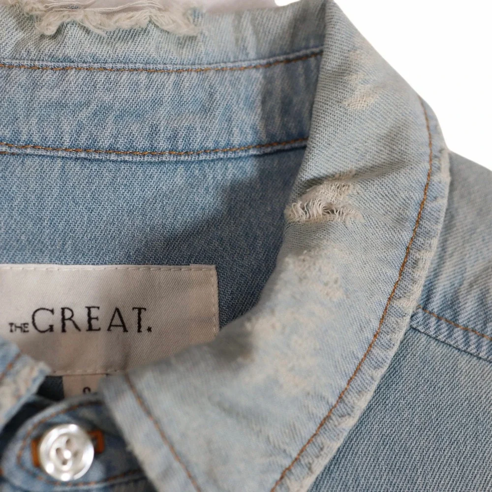 The Great Denim Shirt Womens 0 XS Blue Distressed Oversized Button Down Casual